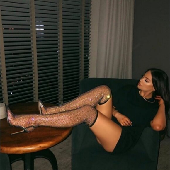 NIB Rhinestone Embellished Over-The-Knee Super Stretch Pointed Toe Stiletto Heel - Picture 3 of 16